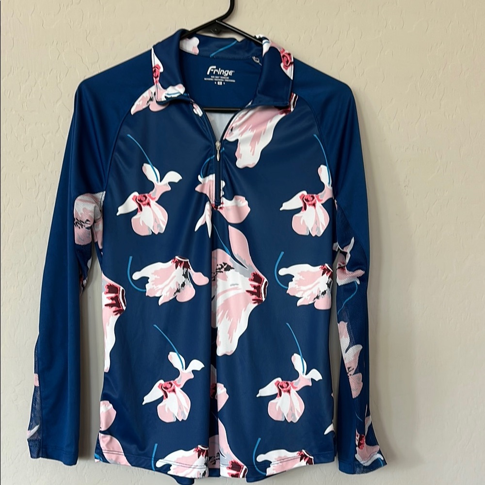 Fringe Blue Floral Zip-Up Top, size M